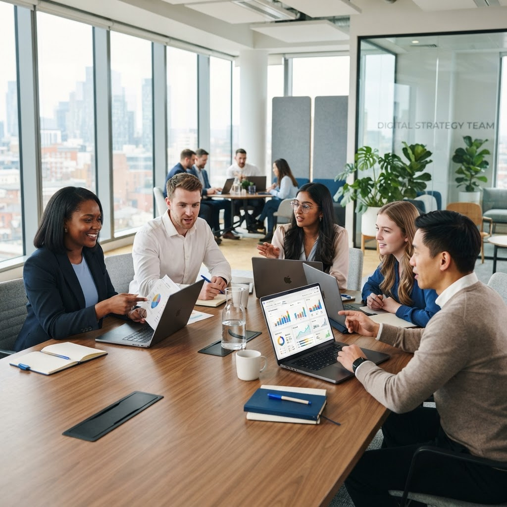 S L MARKETING digital marketing team collaborating in a modern office