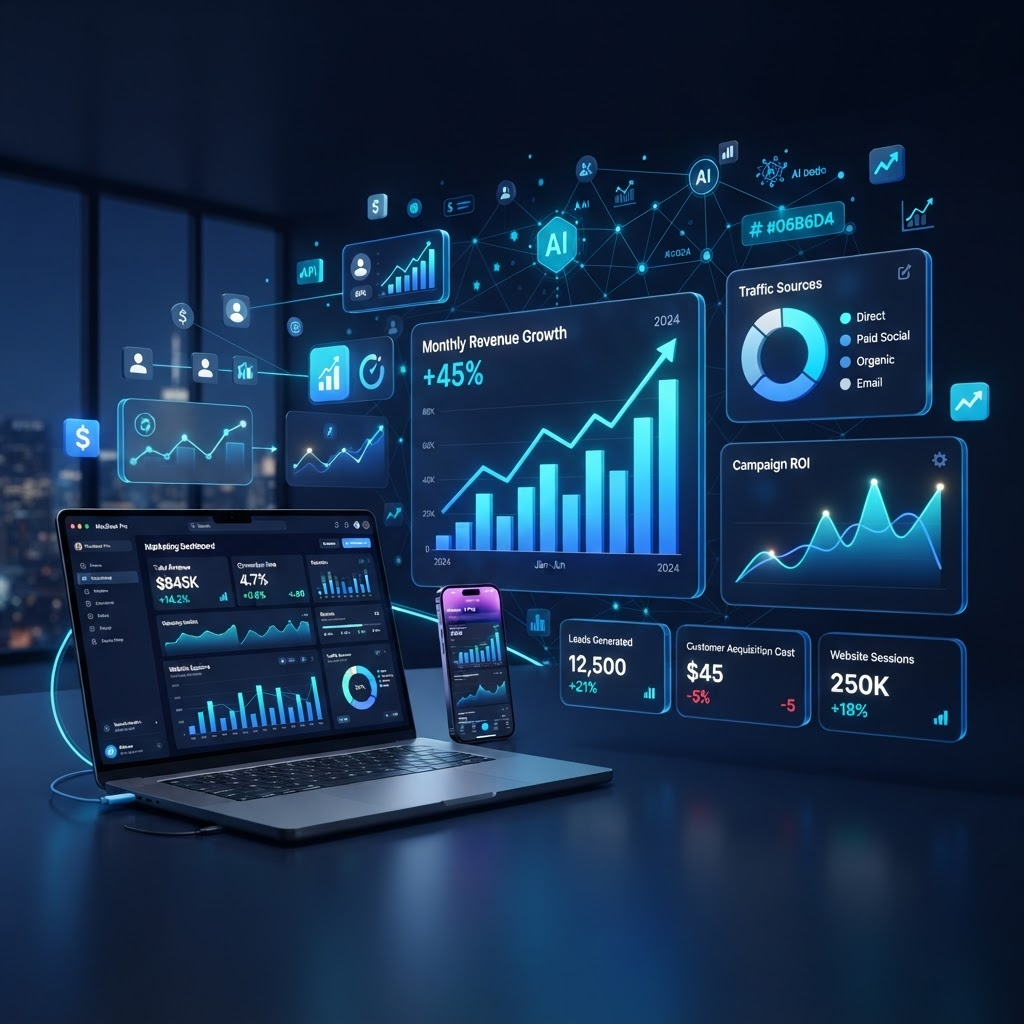 Digital marketing analytics dashboard showing growth charts and campaign metrics